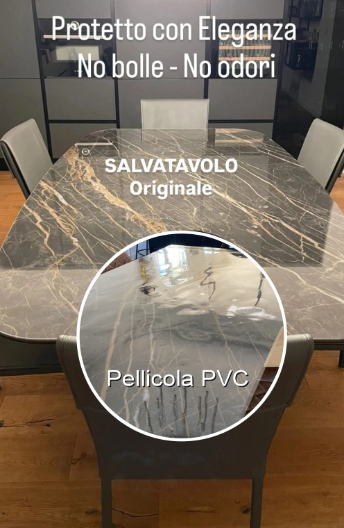 Problema-confronto-protezione-tavolo-della-Riflessi-pvc-economico-con-bolle-aria-e-pieghe-antiestetiche-soluzione-protezione-tavolo-trasparente-salvatavolo-originale-effetto-gres-senza-bolle-su-tavolo-Riflessi